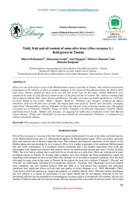 (PDF) Yield, fruit and oil content of some olive trees (Olea europaea L ...