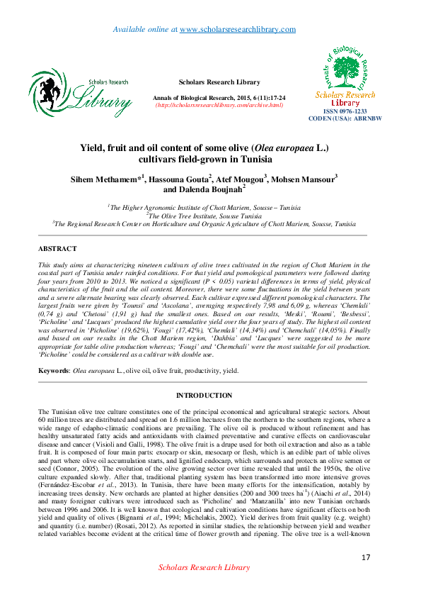 (PDF) Yield, fruit and oil content of some olive (Olea europaea L ...