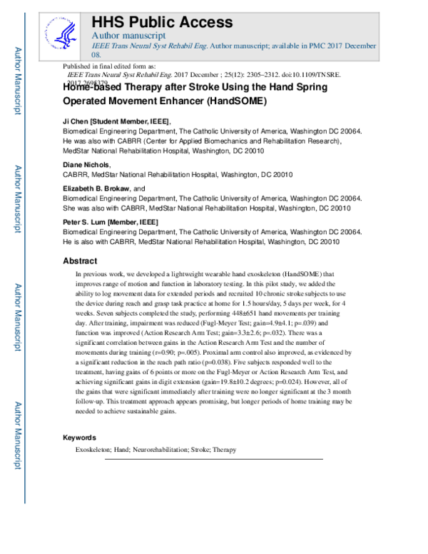 (PDF) Home-Based Therapy After Stroke Using the Hand Spring Operated ...
