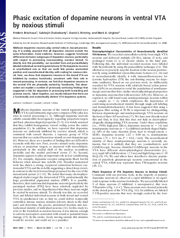 (PDF) Phasic excitation of dopamine neurons in ventral VTA by noxious ...