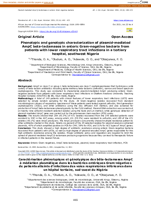 (PDF) Phenotypic and genotypic characterization of plasmid-mediated ...