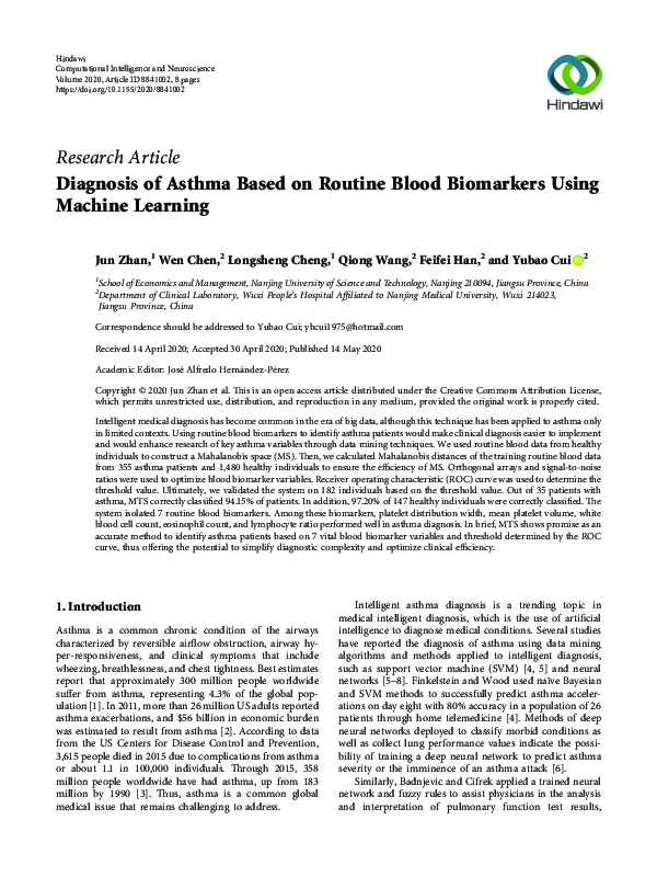 (PDF) Diagnosis of asthma based on routine blood biomarkers using ...