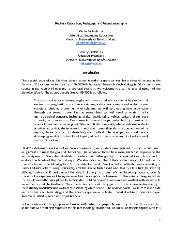 (PDF) Doctoral Education, Pedagogy, and Autoethnography