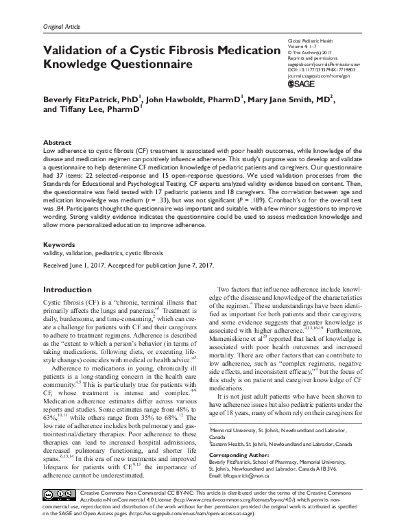 (PDF) Validation of a Cystic Fibrosis Medication Knowledge Questionnaire