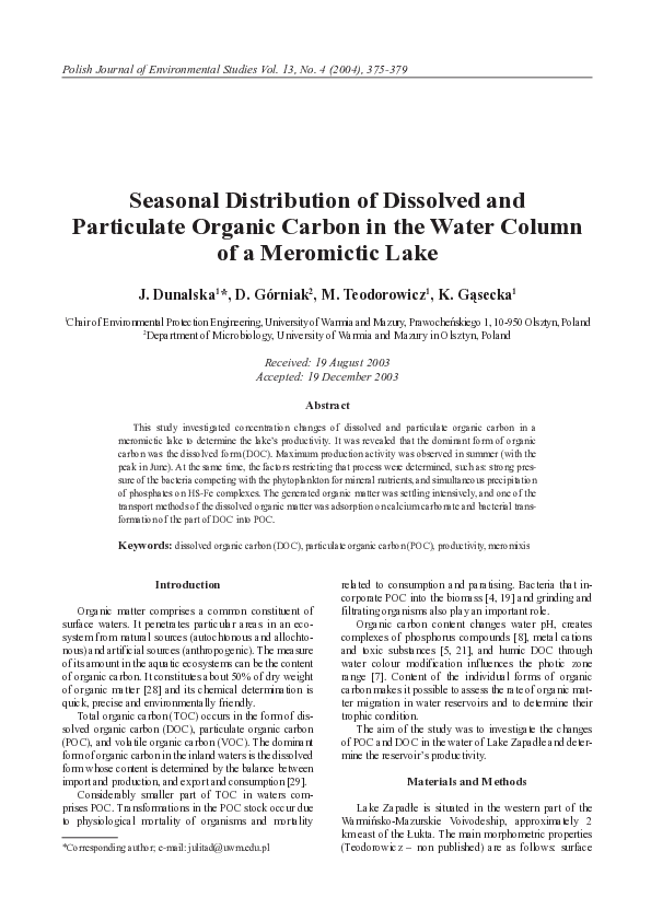 (PDF) Seasonal Distribution of Dissolved and Particulate Organic Carbon ...