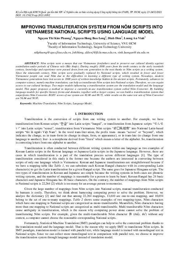 (PDF) Improving Transliteration System from Nôm Scripts Into Vietnamese ...