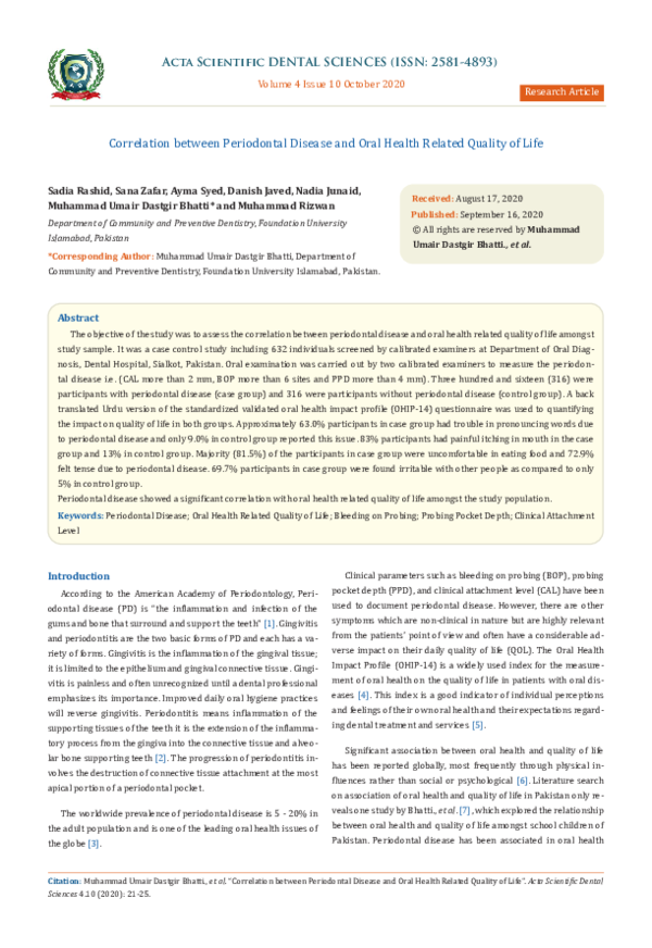 (PDF) Correlation between Periodontal Disease and Oral Health Related ...