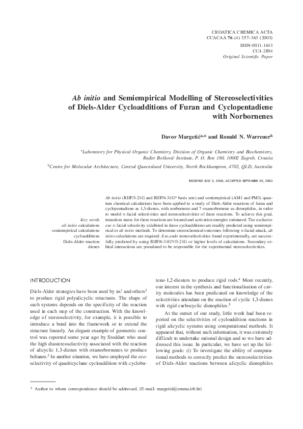 (PDF) Ab initio and semiempirical modelling of stereoselectivities of ...