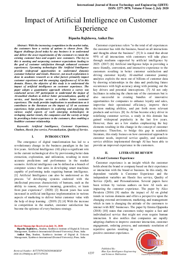 (PDF) Impact of Artificial Intelligence on Customer Experience