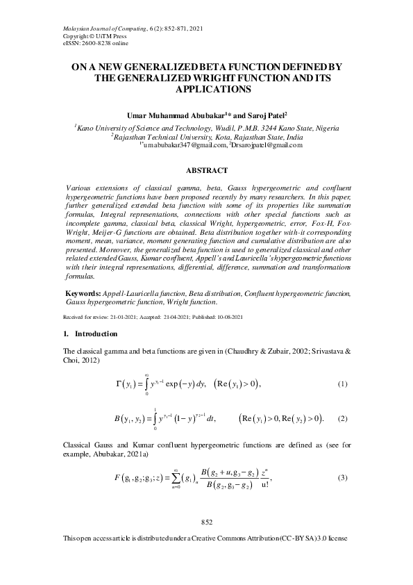 (PDF) On a New Generalized Beta Function Defined by the Generalized ...