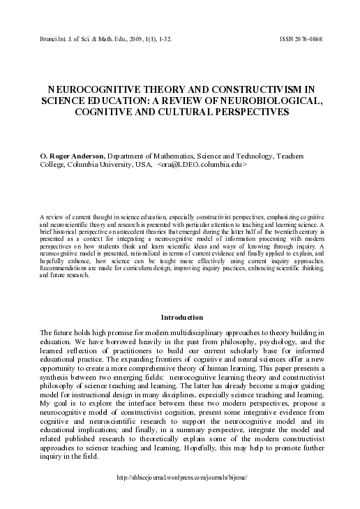 (PDF) Neurocognitive theory and constructivism in science education: A ...