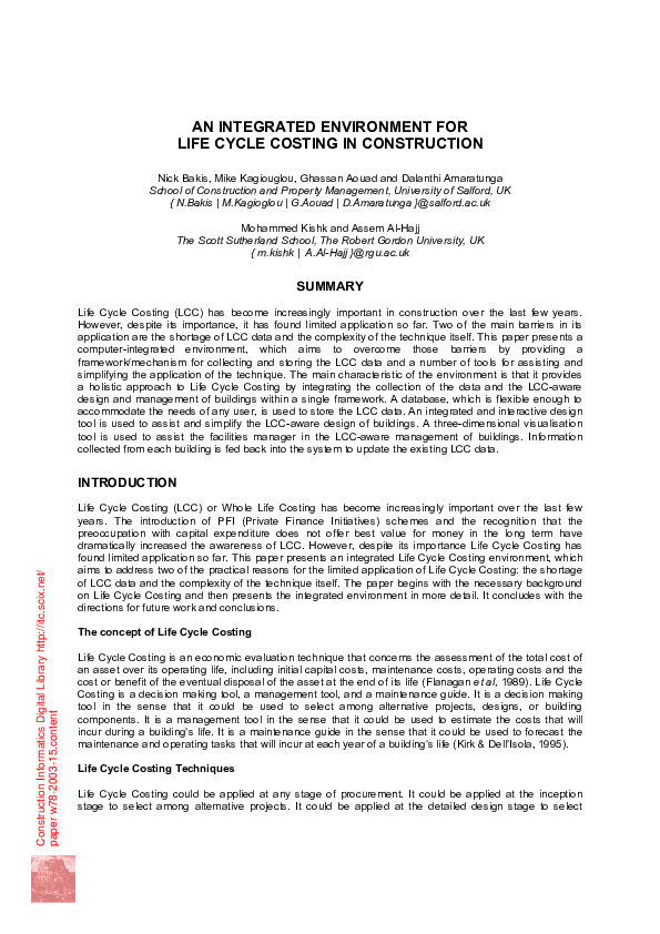 (PDF) An integrated environment for life cycle costing in construction