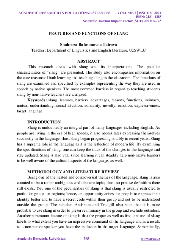 (PDF) Features and Functions of Slang