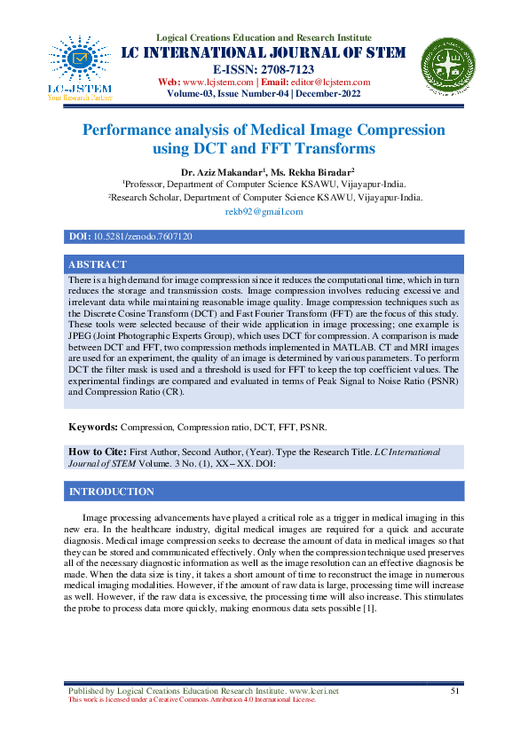 (PDF) Performance analysis of Medical Image Compression using DCT and ...