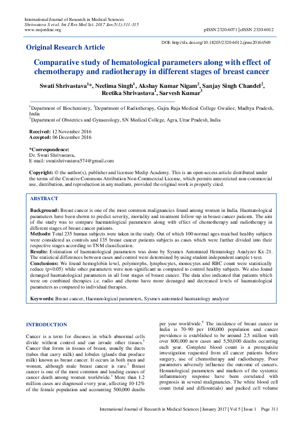 (PDF) Comparative study of hematological parameters along with effect ...