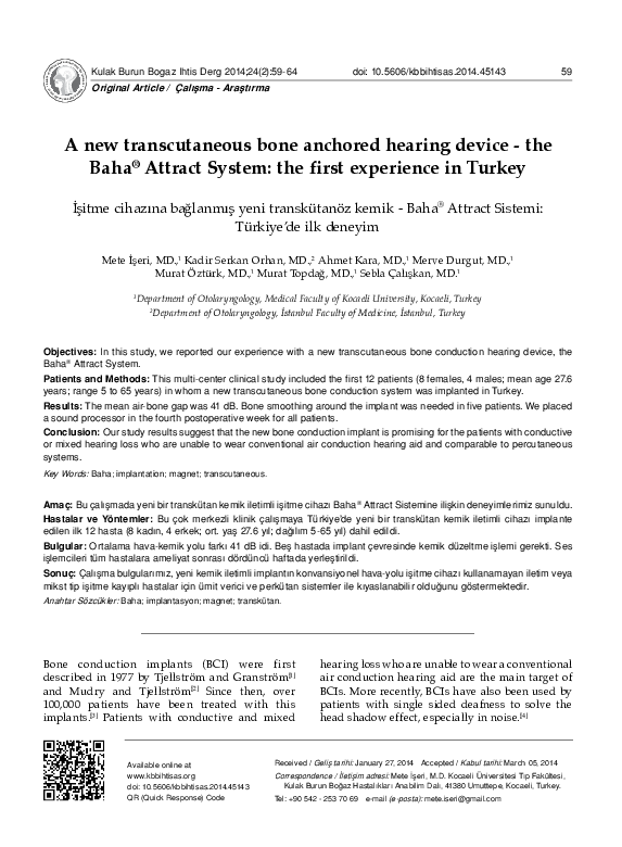 (PDF) A new transcutaneous bone anchored hearing device - the Baha ...