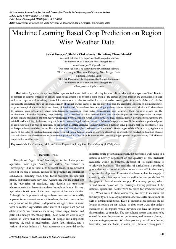 (PDF) Machine Learning Based Crop Prediction on Region Wise Weather Data