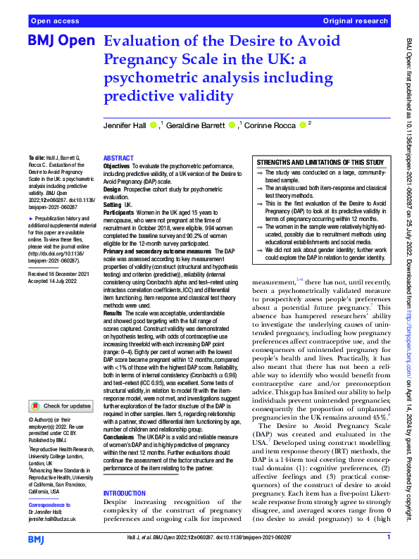 (PDF) Evaluation of the Desire to Avoid Pregnancy Scale in the UK: a ...