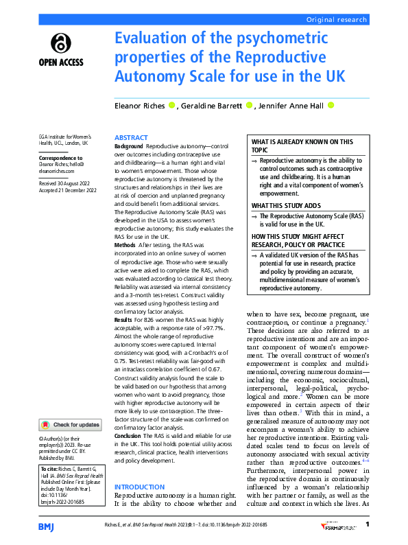 (PDF) Evaluation of the psychometric properties of the Reproductive ...