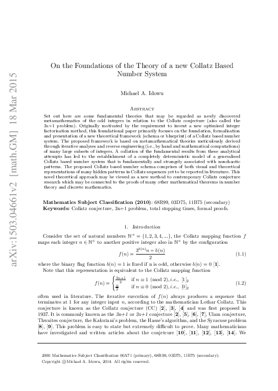 (PDF) On the Foundations of the Theory of a new Collatz Based Number System