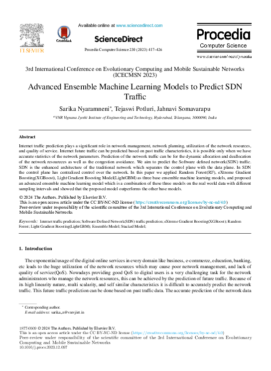 (PDF) Advanced Ensemble Machine Learning Models to Predict SDN Traffic
