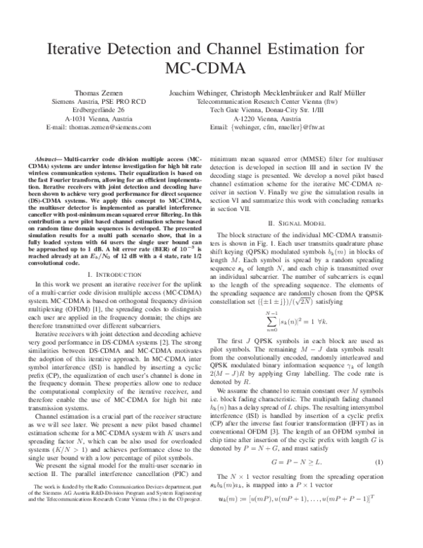 (PDF) Iterative detection and channel estimation for MC-CDMA
