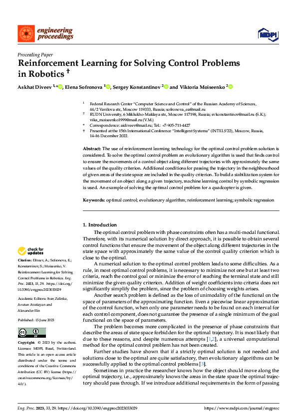 (PDF) Reinforcement Learning for Solving Control Problems in Robotics
