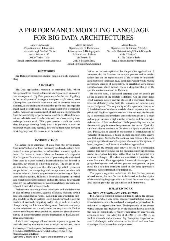 (PDF) A Performance Modeling Language For Big Data Architectures