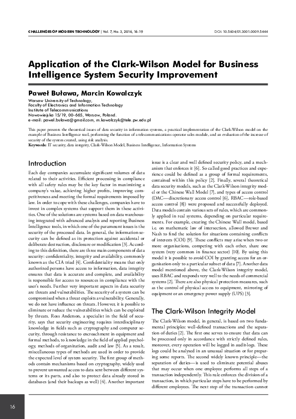 (PDF) Application of the Clark-Wilson Model for Business Intelligence ...