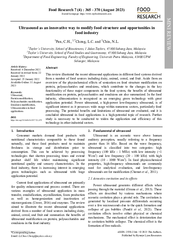 (PDF) Ultrasound as an innovative way to modify food structure and ...