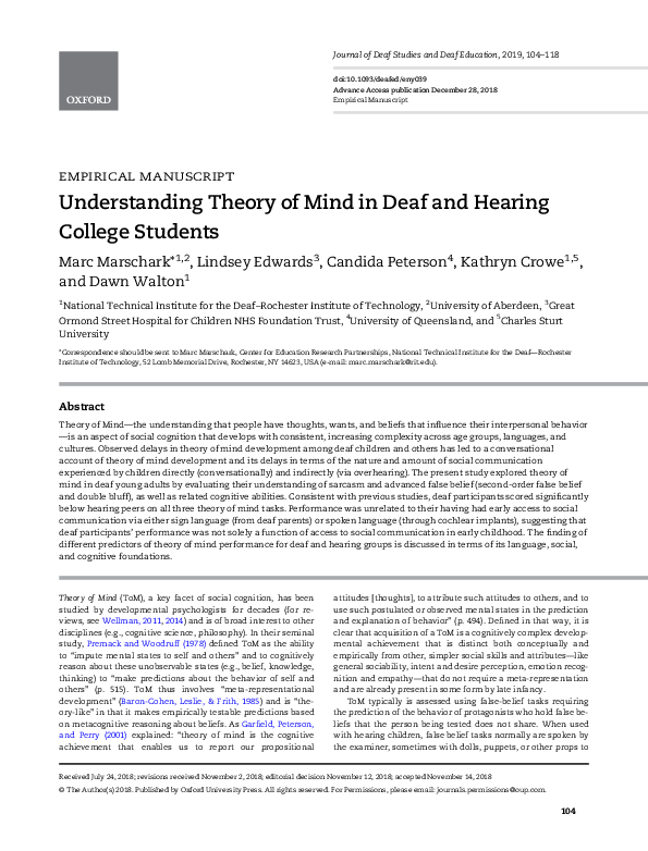 (PDF) Understanding Theory of Mind in Deaf and Hearing College Students