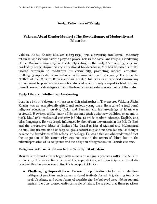 (PDF) Social Reformers of Kerala Vakkom Abdul Kadher Moiilavi