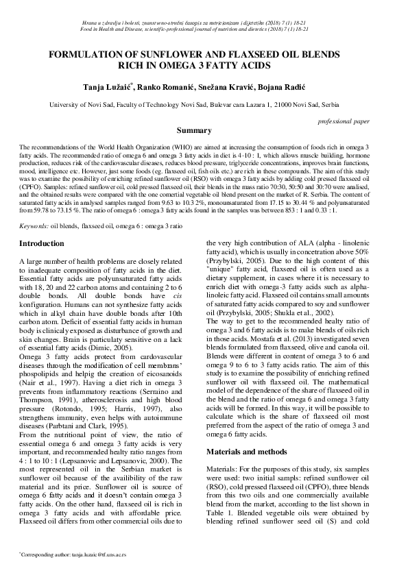 (PDF) Formulation of Sunflower and Flaxseed Oil Blends Rich in Omega 3 ...
