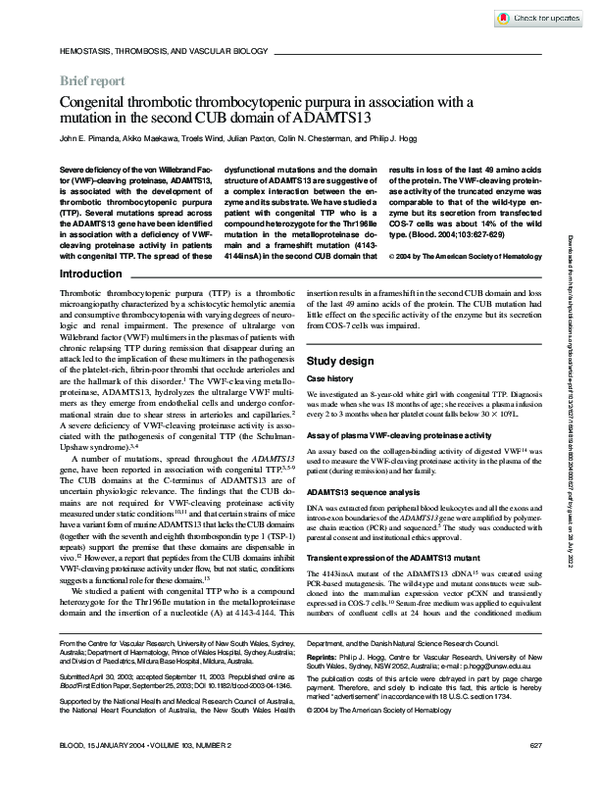 (PDF) Congenital thrombotic thrombocytopenic purpura in association ...