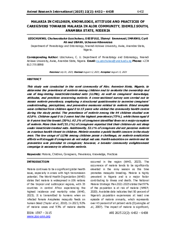 (PDF) MALARIA IN CHILDREN, KNOWLEDGE, ATTITUDE AND PRACTICES OF ...