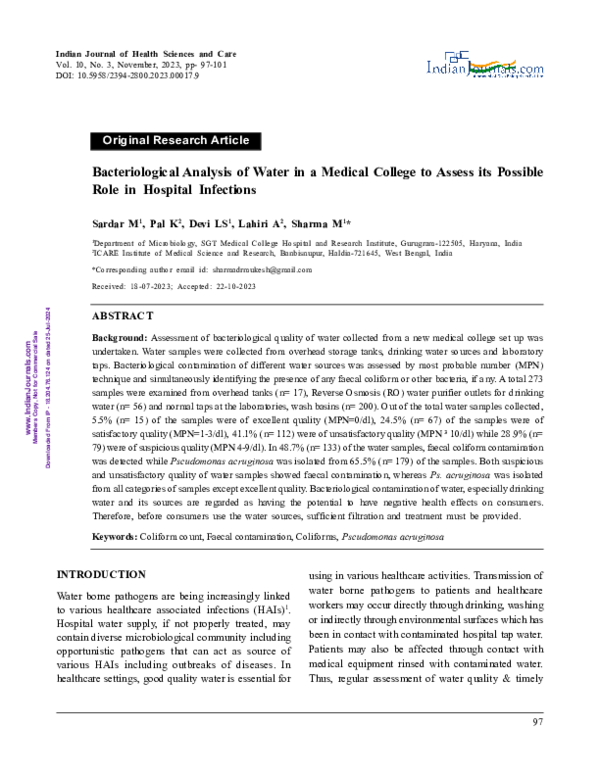 (PDF) Bacteriological Analysis of Water in a Medical College to Assess ...