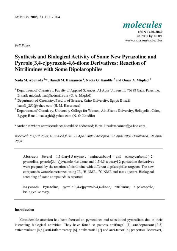 (PDF) Synthesis and Biological Activity of Some New Pyrazoline and ...