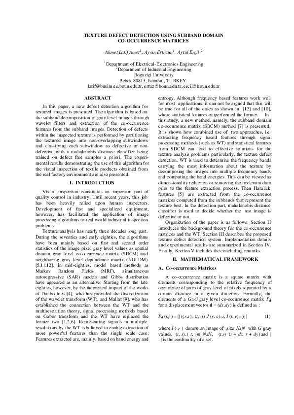 (PDF) Texture defect detection using subband domain co-occurrence matrices