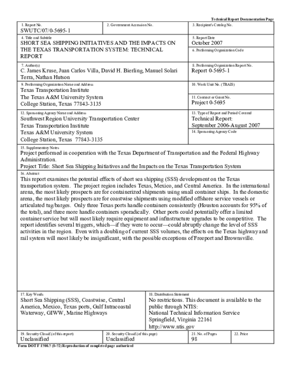 (PDF) Short Sea Shipping Initiatives and the Impacts on the Texas ...