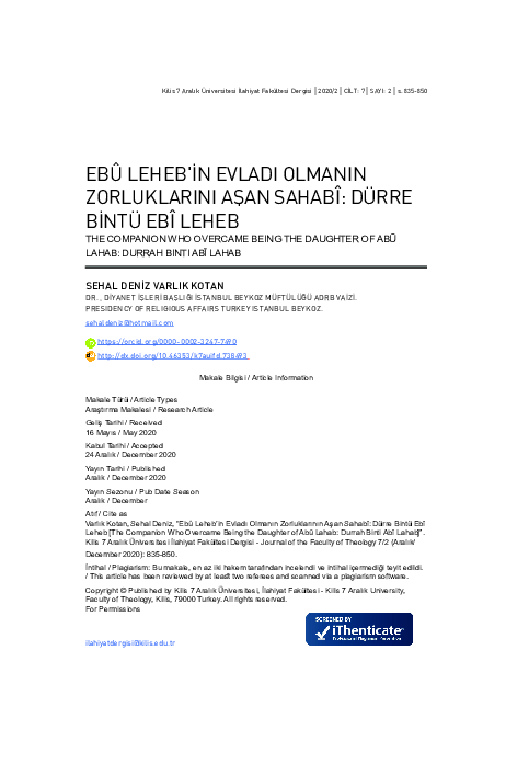 (PDF) Ebû Leheb'İn Evladi Olmanin Zorluklarinin Aşan Sahabî: Dürre ...