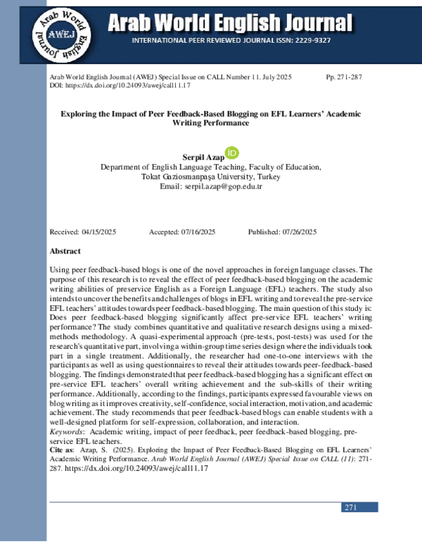 (PDF) Exploring the Impact of Peer Feedback-Based Blogging on EFL ...