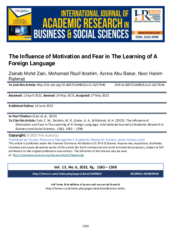 (PDF) The Influence of Motivation and Fear in The Learning of A Foreign ...