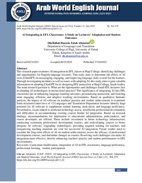(PDF) AI Integrating in EFL Classrooms: A Study on Lecturers ...