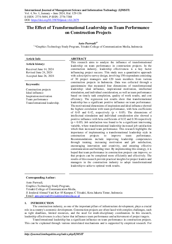 (PDF) The Effect of Transformational Leadership on Team Performance on ...