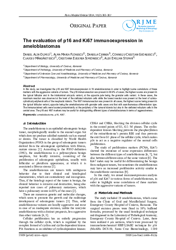 (PDF) The evaluation of p16 and Ki67 immunoexpression in ameloblastomas