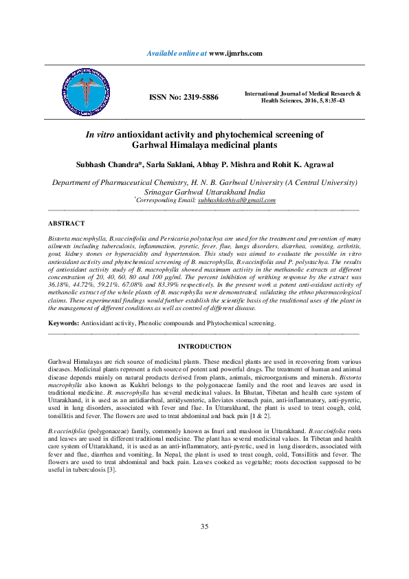 (PDF) In vitro antioxidant activity and phytochemical screening of ...