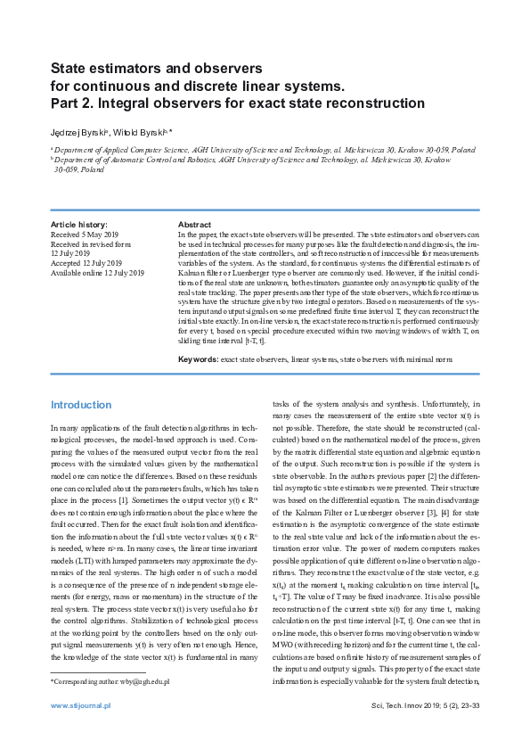 (PDF) State estimators and observers for continuous and discrete linear ...