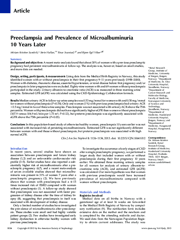 (PDF) Preeclampsia and Prevalence of Microalbuminuria 10 Years Later