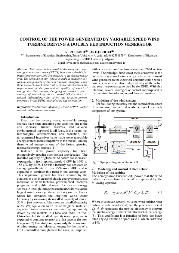 (PDF) Power Generated by Variable Speed Wind Turbine Driving a Doubly ...