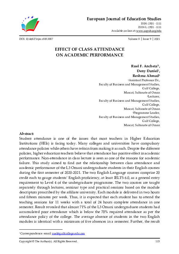 (PDF) Effect of Class Attendance on Academic Performance